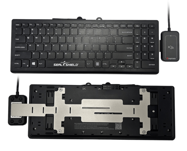 Cleanwipe™ Pro Black Keyboard with RDR-80M31AKU WAVE ID Plus Mini Keystroke MIFARE Secure USB Black Reader Attached to Left Side Using Card Reader Mount. Incl. Key Fitted Silicone Cover. - Image 2