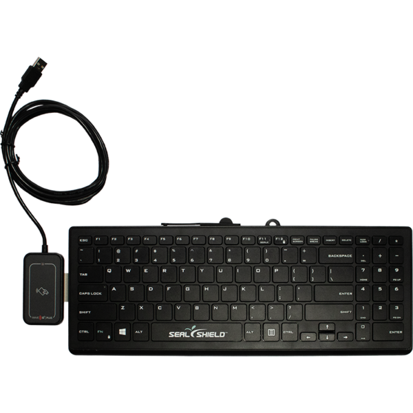 Cleanwipe™ Pro Black Keyboard with RDR-80032BKU-V2 WAVE ID Plus Mini V3 iClass ID/SE/SEOS Black USB SDK Reader Attached to Left Side Using Card Reader Mount. Incl. Key Fitted Silicone Cover.